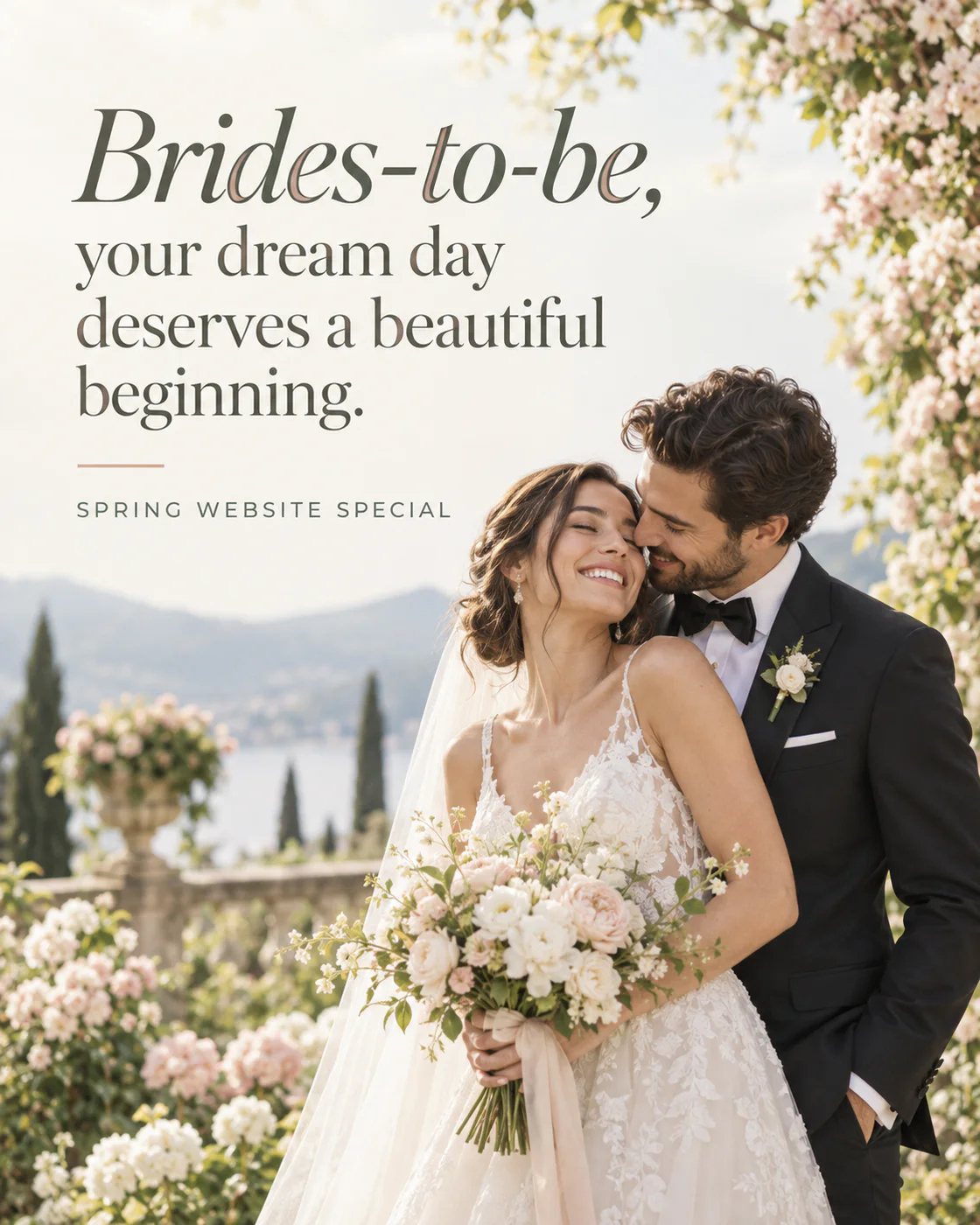 A newly married couple in a sunlit spring garden