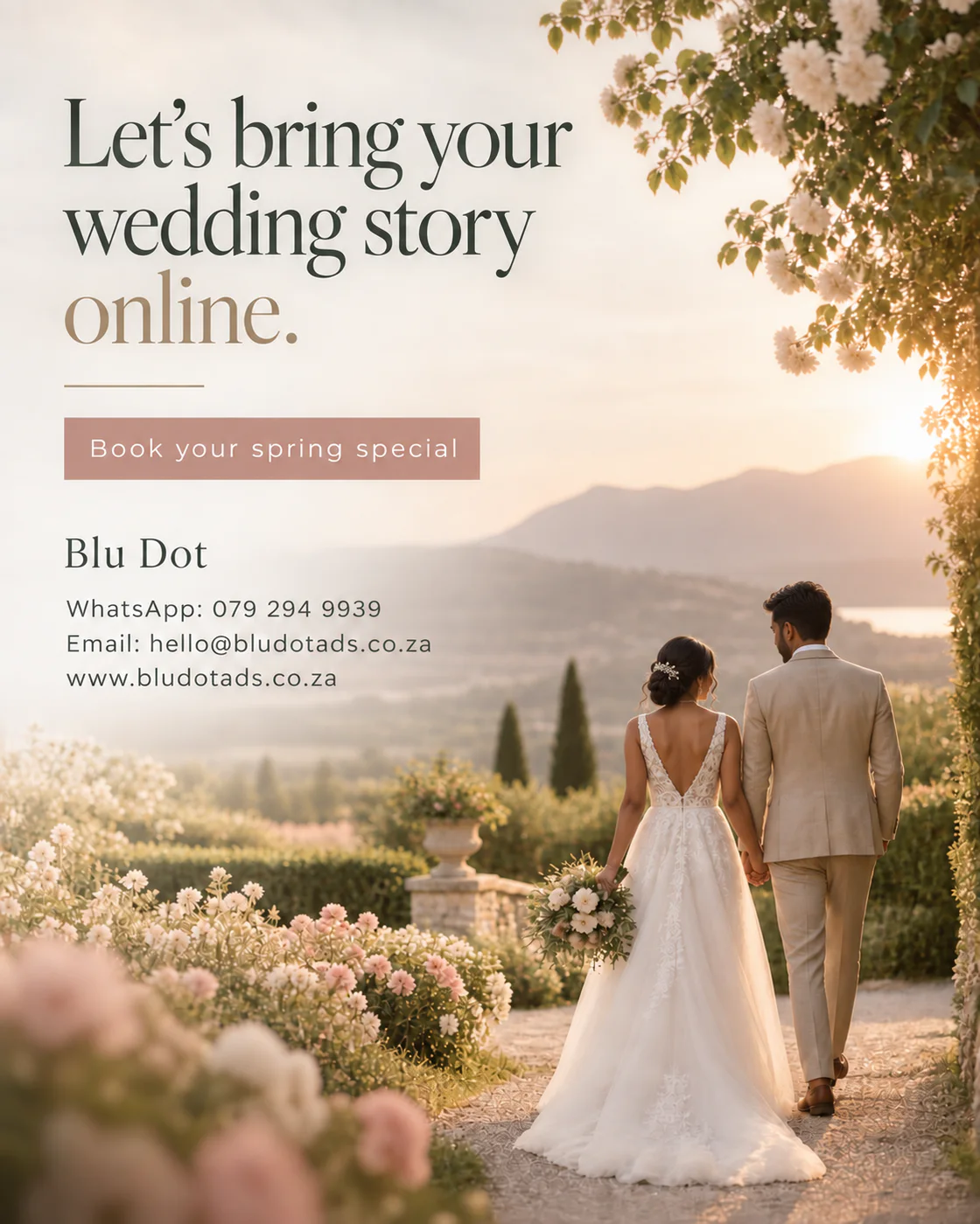Blu Dot Ads spring wedding website promotion featuring a couple in a flower-filled garden